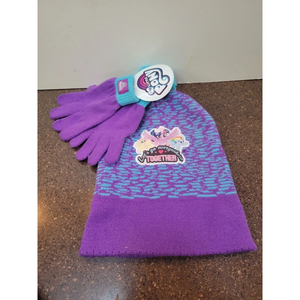 My Little Pony Winter Beanie Hat & Gloves Set Girls Purple Pom Pom Warm Cozy
